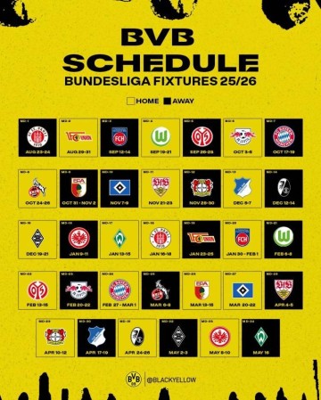 多特新赛季德甲赛程：首轮客战圣保利，10月中旬对阵拜仁